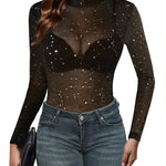 Nadorine Mesh Top Women Long Sleeve See Through Shirt