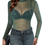 Nadorine Mesh Top Women Long Sleeve See Through Shirt