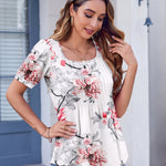 Nadorine Casual Puff Short Sleeve T Shirts Floral/Solid Pleated Tunics Blouse