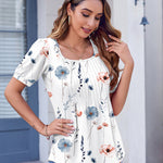 Nadorine Casual Puff Short Sleeve T Shirts Floral/Solid Pleated Tunics Blouse