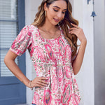 Nadorine Casual Puff Short Sleeve T Shirts Floral/Solid Pleated Tunics Blouse
