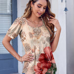 Nadorine Casual Puff Short Sleeve T Shirts Floral/Solid Pleated Tunics Blouse