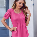 Nadorine Casual Puff Short Sleeve T Shirts Floral/Solid Pleated Tunics Blouse