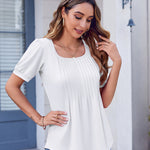 Nadorine Casual Puff Short Sleeve T Shirts Floral/Solid Pleated Tunics Blouse