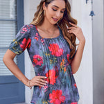 Nadorine Casual Puff Short Sleeve T Shirts Floral/Solid Pleated Tunics Blouse