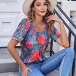 Nadorine Casual Puff Short Sleeve T Shirts Floral/Solid Pleated Tunics Blouse