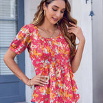 Nadorine Casual Puff Short Sleeve T Shirts Floral/Solid Pleated Tunics Blouse