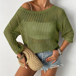 Nadorine Women's Crochet Hollow Out 3/4 Sleeve Pullover
