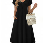 Summer Casual Pleated Midi Sundress With Pockets (US Only)