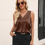 Silk Satin V-Neck Sleeveless Business Work Blouses (US Only)