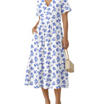 Summer Casual V-Neck Floral Dress with Pockets (US Only)