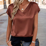 Business Casual Cap Short Sleeve Silk Satin Tops (US Only)