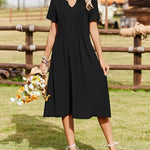 Nadorine Women's Casual Short Sleeve A-line Midi Dress with Pocket (US Only)