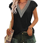 Nadorine Short Sleeve Tops for Women Casual V Neck Lace T-Shirts Petal Sleeve Shirt Eyelet Pleated Loose Blouses (Us Only)
