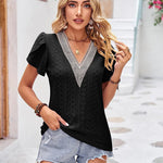 Nadorine Short Sleeve Tops for Women Casual V Neck Lace T-Shirts Petal Sleeve Shirt Eyelet Pleated Loose Blouses (Us Only)