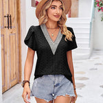 Nadorine Short Sleeve Tops for Women Casual V Neck Lace T-Shirts Petal Sleeve Shirt Eyelet Pleated Loose Blouses (Us Only)