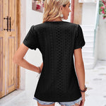 Nadorine Short Sleeve Tops for Women Casual V Neck Lace T-Shirts Petal Sleeve Shirt Eyelet Pleated Loose Blouses (Us Only)