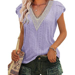 Nadorine Short Sleeve Tops for Women Casual V Neck Lace T-Shirts Petal Sleeve Shirt Eyelet Pleated Loose Blouses (Us Only)