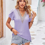 Nadorine Short Sleeve Tops for Women Casual V Neck Lace T-Shirts Petal Sleeve Shirt Eyelet Pleated Loose Blouses (Us Only)