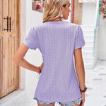 Nadorine Short Sleeve Tops for Women Casual V Neck Lace T-Shirts Petal Sleeve Shirt Eyelet Pleated Loose Blouses (Us Only)