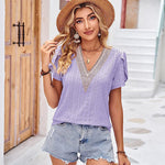 Nadorine Short Sleeve Tops for Women Casual V Neck Lace T-Shirts Petal Sleeve Shirt Eyelet Pleated Loose Blouses (Us Only)