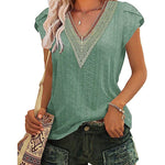 Nadorine Short Sleeve Tops for Women Casual V Neck Lace T-Shirts Petal Sleeve Shirt Eyelet Pleated Loose Blouses (Us Only)