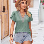 Nadorine Short Sleeve Tops for Women Casual V Neck Lace T-Shirts Petal Sleeve Shirt Eyelet Pleated Loose Blouses (Us Only)