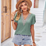 Nadorine Short Sleeve Tops for Women Casual V Neck Lace T-Shirts Petal Sleeve Shirt Eyelet Pleated Loose Blouses (Us Only)