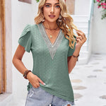 Nadorine Short Sleeve Tops for Women Casual V Neck Lace T-Shirts Petal Sleeve Shirt Eyelet Pleated Loose Blouses (Us Only)