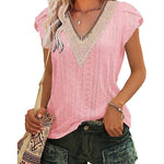 Nadorine Short Sleeve Tops for Women Casual V Neck Lace T-Shirts Petal Sleeve Shirt Eyelet Pleated Loose Blouses (Us Only)