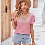 Nadorine Short Sleeve Tops for Women Casual V Neck Lace T-Shirts Petal Sleeve Shirt Eyelet Pleated Loose Blouses (Us Only)