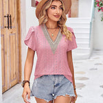 Nadorine Short Sleeve Tops for Women Casual V Neck Lace T-Shirts Petal Sleeve Shirt Eyelet Pleated Loose Blouses (Us Only)