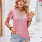 Nadorine Short Sleeve Tops for Women Casual V Neck Lace T-Shirts Petal Sleeve Shirt Eyelet Pleated Loose Blouses (Us Only)