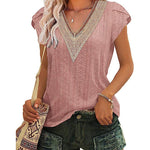 Nadorine Short Sleeve Tops for Women Casual V Neck Lace T-Shirts Petal Sleeve Shirt Eyelet Pleated Loose Blouses (Us Only)