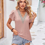 Nadorine Short Sleeve Tops for Women Casual V Neck Lace T-Shirts Petal Sleeve Shirt Eyelet Pleated Loose Blouses (Us Only)