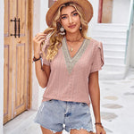 Nadorine Short Sleeve Tops for Women Casual V Neck Lace T-Shirts Petal Sleeve Shirt Eyelet Pleated Loose Blouses (Us Only)
