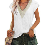 Nadorine Short Sleeve Tops for Women Casual V Neck Lace T-Shirts Petal Sleeve Shirt Eyelet Pleated Loose Blouses (Us Only)