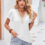 Nadorine Short Sleeve Tops for Women Casual V Neck Lace T-Shirts Petal Sleeve Shirt Eyelet Pleated Loose Blouses (Us Only)