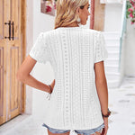 Nadorine Short Sleeve Tops for Women Casual V Neck Lace T-Shirts Petal Sleeve Shirt Eyelet Pleated Loose Blouses (Us Only)