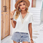 Nadorine Short Sleeve Tops for Women Casual V Neck Lace T-Shirts Petal Sleeve Shirt Eyelet Pleated Loose Blouses (Us Only)