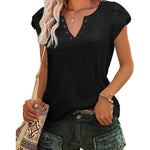 Nadorine Short Sleeve Tops for Women Casual V Neck T-Shirts Petal Sleeve Shirt Eyelet Pleated Loose Blouses (Us Only)