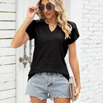 Nadorine Short Sleeve Tops for Women Casual V Neck T-Shirts Petal Sleeve Shirt Eyelet Pleated Loose Blouses (Us Only)
