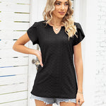 Nadorine Short Sleeve Tops for Women Casual V Neck T-Shirts Petal Sleeve Shirt Eyelet Pleated Loose Blouses (Us Only)
