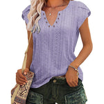 Nadorine Short Sleeve Tops for Women Casual V Neck T-Shirts Petal Sleeve Shirt Eyelet Pleated Loose Blouses (Us Only)
