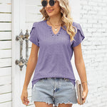 Nadorine Short Sleeve Tops for Women Casual V Neck T-Shirts Petal Sleeve Shirt Eyelet Pleated Loose Blouses (Us Only)