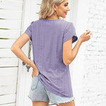 Nadorine Short Sleeve Tops for Women Casual V Neck T-Shirts Petal Sleeve Shirt Eyelet Pleated Loose Blouses (Us Only)