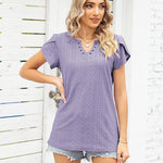 Nadorine Short Sleeve Tops for Women Casual V Neck T-Shirts Petal Sleeve Shirt Eyelet Pleated Loose Blouses (Us Only)