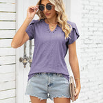 Nadorine Short Sleeve Tops for Women Casual V Neck T-Shirts Petal Sleeve Shirt Eyelet Pleated Loose Blouses (Us Only)