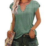 Nadorine Short Sleeve Tops for Women Casual V Neck T-Shirts Petal Sleeve Shirt Eyelet Pleated Loose Blouses (Us Only)