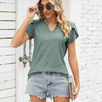 Nadorine Short Sleeve Tops for Women Casual V Neck T-Shirts Petal Sleeve Shirt Eyelet Pleated Loose Blouses (Us Only)